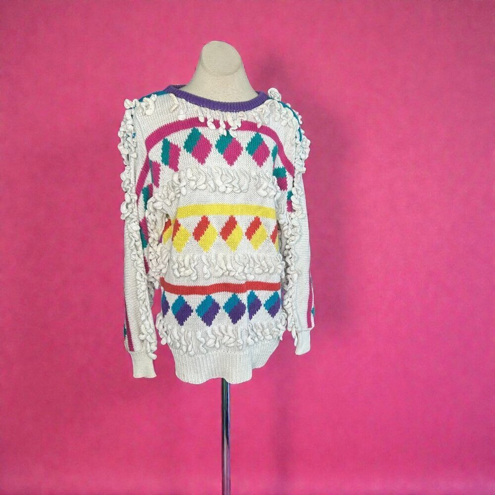 Bonnie Boerer Vintage 80s Colorful Sweater with Attached Tassels Size Large